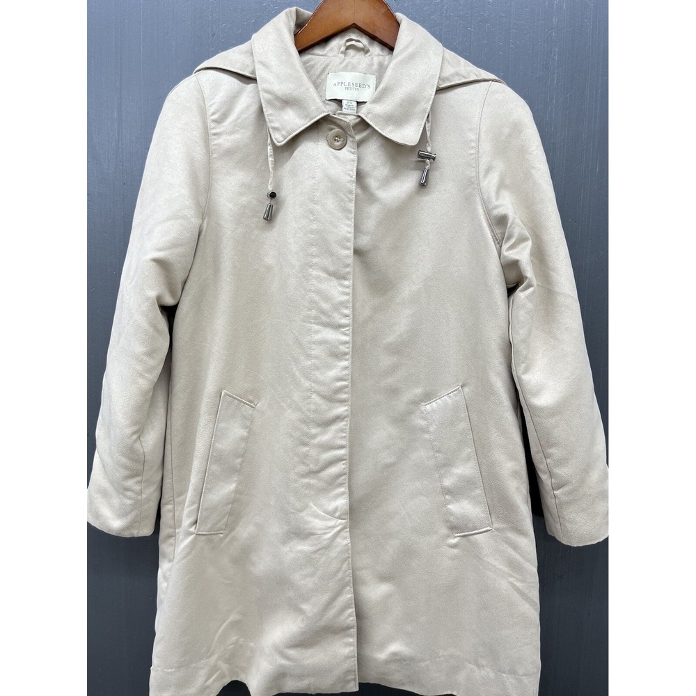 Rain Coat Women Size PS Beige Wool Blend Removable Hood Pocket Jacket Minimalist